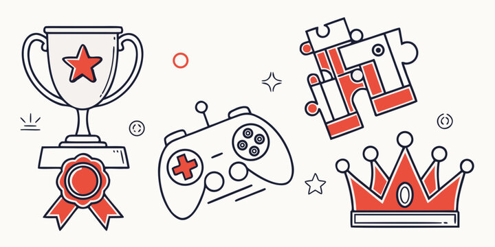 a collection of gaming icons including a trophy, video game controller, crown, and medal Vector