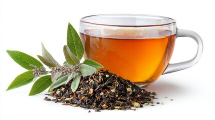 Fototapeta premium Herbal tea and dry leaves sit by themselves on a white background.