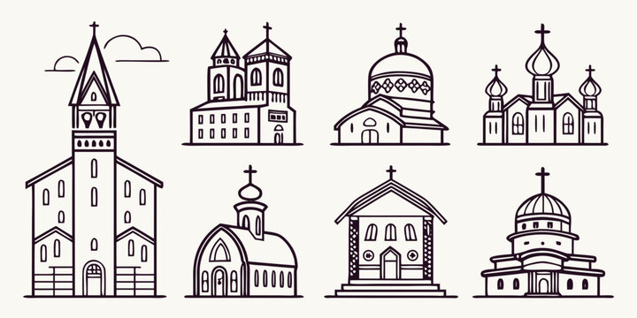 a collection of seven different church buildings Vector