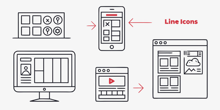 a diagram showing wireframes on desktop computer monitor and mobile devices Vector