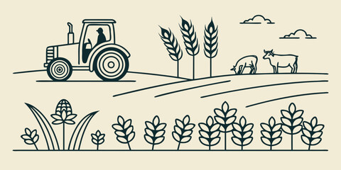a tractor drives through a field with a cow and crops Vector © BOY