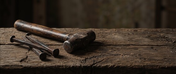 Rusty iron nails and an old hammer on a weathered wooden table. Tools of the crucifixion and Good Friday concept