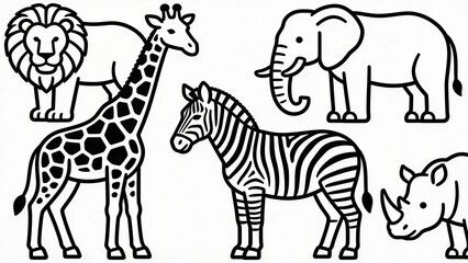 Obraz premium Minimal line icon collection of African safari animals including lion, elephant, giraffe, zebra, and rhinoceros. Clean outline wildlife illustration ideal for education materials, zoo graphics,