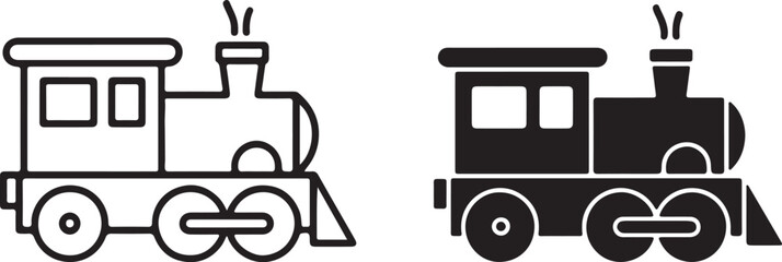 Pixelated and silhouette toy trains in various artistic styles,Minimal Steam Locomotive Vector Illustration © BULBULI