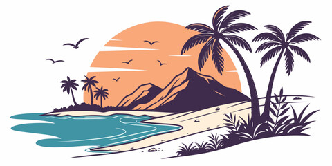 tropical island with palm trees at sunset Vector © BOY
