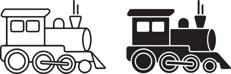 Pixelated and silhouette toy trains in various artistic styles,Minimal Steam Locomotive Vector Illustration © BULBULI