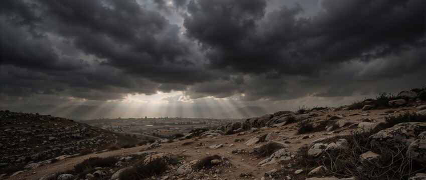 Dramatic dark clouds over a rocky landscape with sun rays breaking through. Divine light illuminating a distant city on Good Friday
