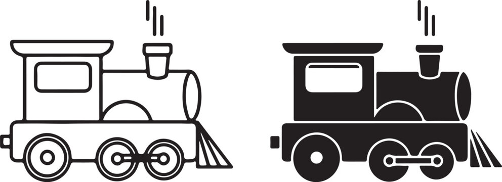 Pixelated and silhouette toy trains in various artistic styles,Minimal Steam Locomotive Vector Illustration
