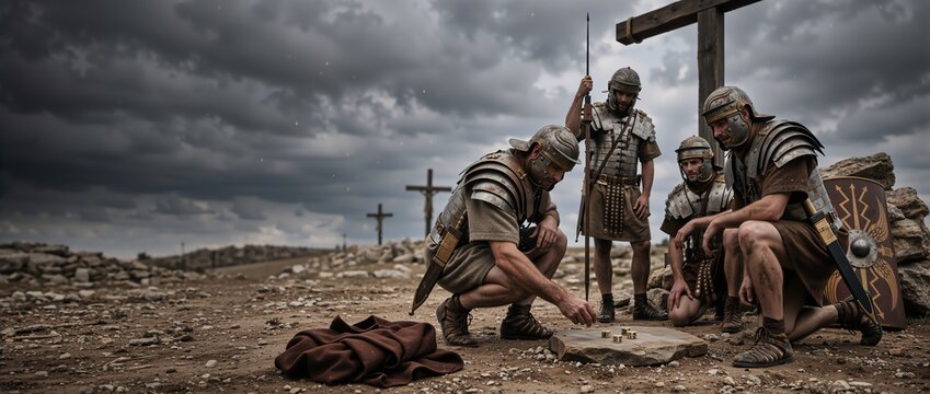 Roman soldiers casting lots for garments with dice at the crucifixion. Historical Good Friday scene with three crosses on Calvary hill under a dark sky