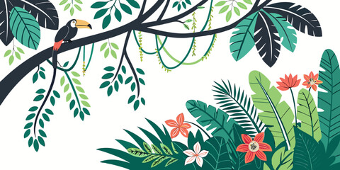 a colorful toucan perched on a tree branch in a lush forest Vector © BOY