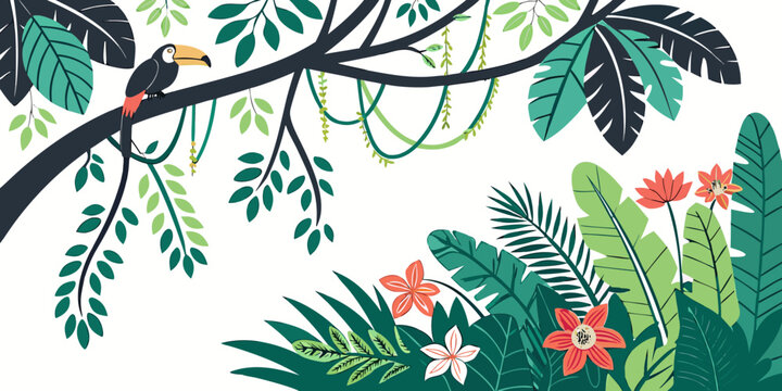 a colorful toucan perched on a tree branch in a lush forest Vector