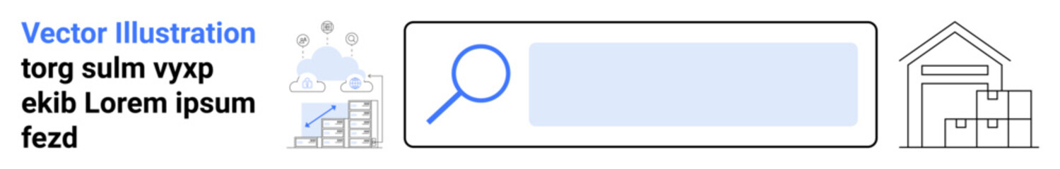Obraz premium E-commerce, logistics, supply chain, online search tools, inventory management, data analysis. Search bar with magnifying glass, graphs and warehouse structure. E-commerce and logistics theme