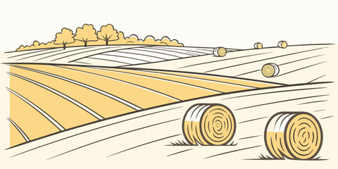 a field with hay bales on a sunny day Vector © BOY