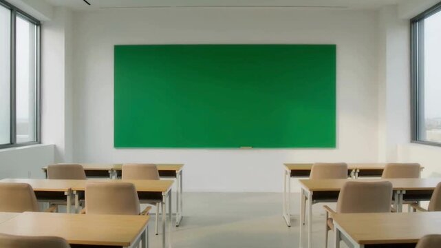 An empty classroom with rows of desks and chairs facing a large green chalkboard on a white wall, with large windows on either side.