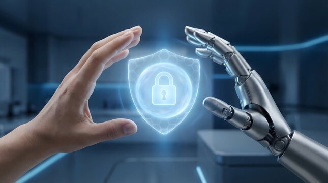 A human hand and a robotic hand reaching toward a digital security shield with a padlock icon.
