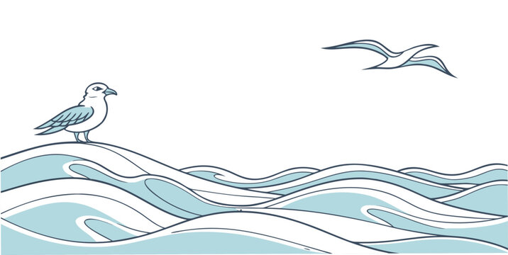 a bird perched on waves with two birds flying Vector