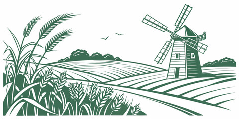 a green illustration of a windmill in a field of wheat Vector © BOY