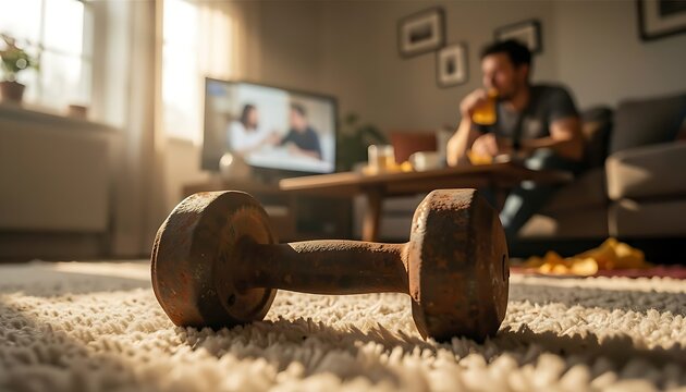 Dumbbell resting on the floor while a person watches television in the background, symbolizing procrastination and lack of exercise motivation.