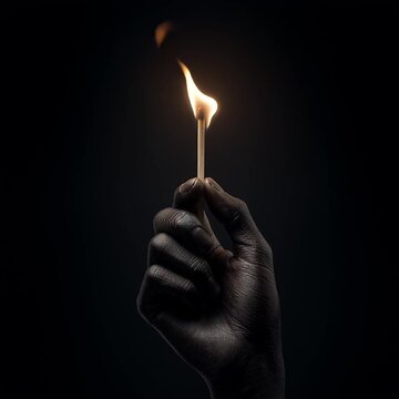 Burning Match: A hand, delicately cradling a burning match, casting an inviting light against a backdrop of deep darkness, representing ideas or concepts.