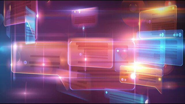 Colorful Digital Messages Move Around on a Dark Background With Glowing Lights at Night, Creating a Vibrant Visual Display of Communication