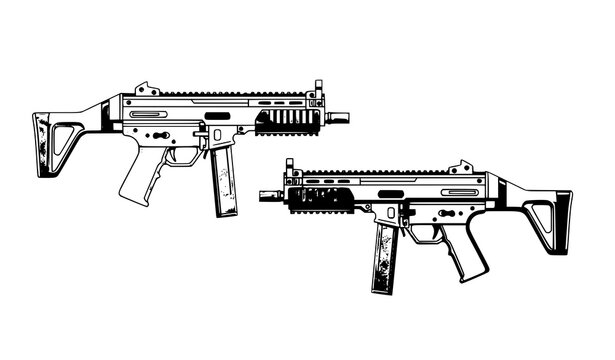 Modern tactical submachine gun vector illustration with gray and brown grey variants