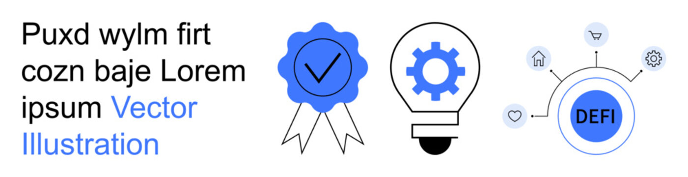 Blockchain, fintech, innovation, decentralized finance, technology solutions, digital assets. Blue badge, gear in lightbulb DEFI circular network. Blockchain and fintech technology concept