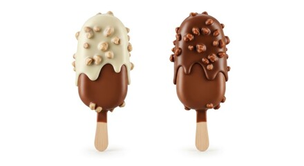 Two creamy ice cream bars, one white, one brown, with nuts, on wooden sticks