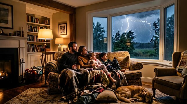 Family Watching Thunderstorm through Window in Cozy Living Room