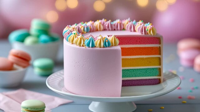 Rainbow layered cake with pastel frosting and colorful macarons on festive background representing cheerful celebration dessert and modern bakery art