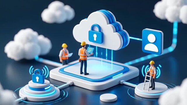 Cloud security platform concept with shield protection, enterprise data defense, and team monitoring secure infrastructure in a futuristic environment.
