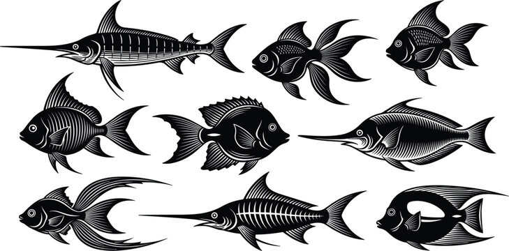 Marine Fish Silhouette Set with Various Ocean and Aquarium Fish Species Detailed Black Vector Collection for Seafood Design, Fishing Graphics, Marine Life Illustrations, and Logos