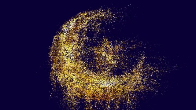 Glorious 3D gold crescent and star integrating from shimmering particles in dramatic night atmosphere, symbolizing Islamic faith, spirituality, devotion, unity, guidance, and peace, video