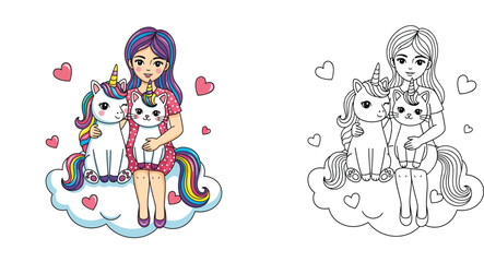 Obraz premium Girl Sitting on Cloud with Unicorn and Caticorn