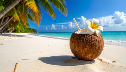 Tropical Coconut Drink on a White Sand Beach Exotic Vacation Getaway Summer Holiday Refreshment.