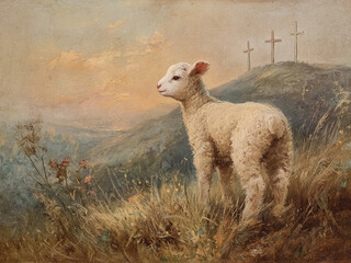 Fototapeta premium Easter Lamb Oil Painting on Hillside at Sunrise
