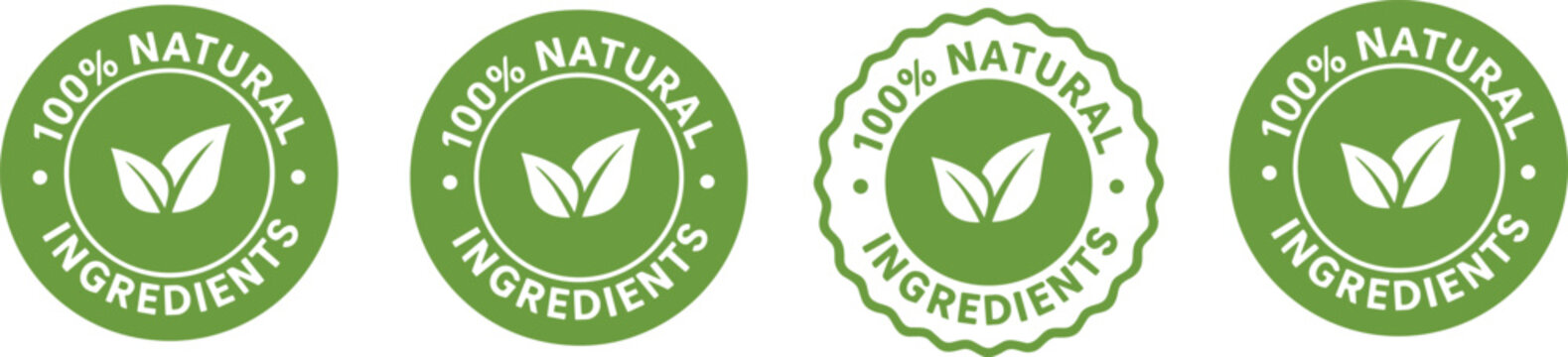 Vector illustration of green natural product badges with leaf icons and 100 percent natural ingredients eco friendly labels