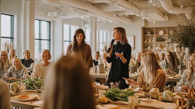 Inspiring Women Gathering: A dynamic image depicts an engaging public speaking event in an inspiring setting. the focal point is a woman speaker enthusiastically presenting.