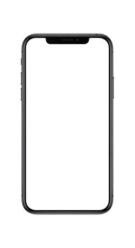 A black iphone with a blank screen isolated on transparent background