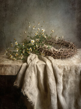 Easter Crown of Thorns Still Life with Wildflowers