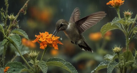 Fototapeta premium hummingbird feeding on vibrant orange lantana flowers in a lush garden.