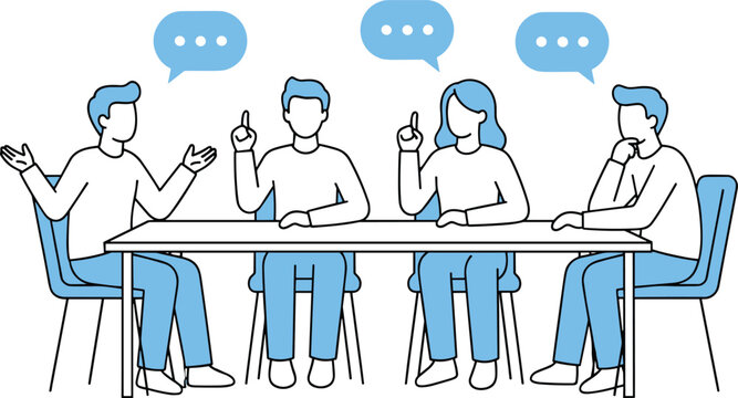 Vector illustration of professionals in discussion around table with speech bubbles representing teamwork, brainstorming, and collaborative communication
