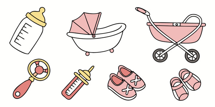 a set of baby items including a stroller and toys Vector