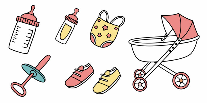 a collection of baby items including a stroller and toys Vector
