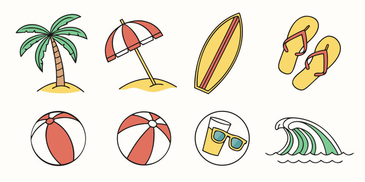 a collection of beach icons including palm tree and beach items Vector