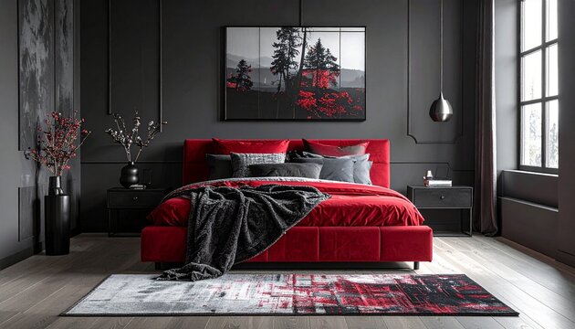 Modern bedroom interior design with red bed and dark walls for upscale living and relaxation space.