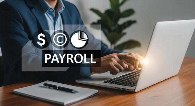 A man working on a laptop with a payroll text overlay