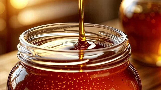Honey jar animation golden stream sweet natural texture warm glowing design
