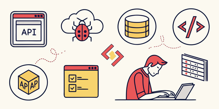 man developing software with api and database Vector