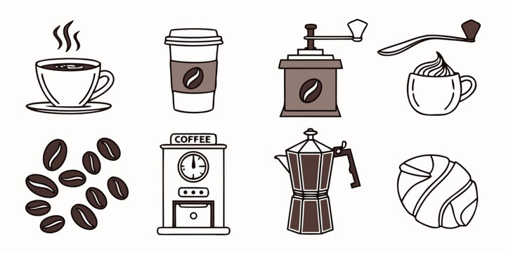 a collection of coffee related items and beans Vector
