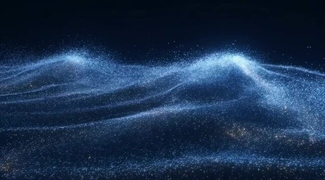 millions of tiny glowing sand particles forming waves in dark space, futuristic data visualization style, cinematic lighting, smooth motion, seamless loop